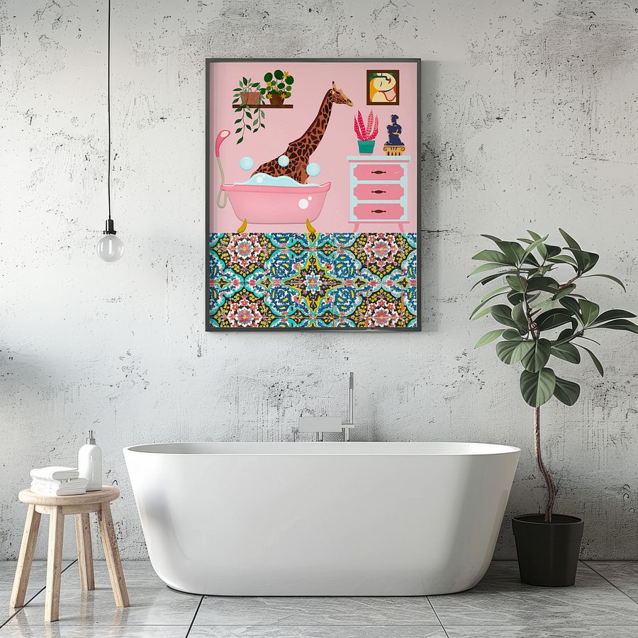 Bathing Giraffe Pink Bathroom Wall Art Print product image (9)