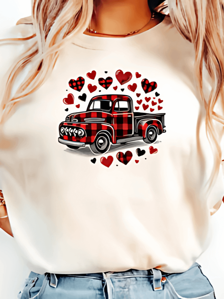 Buffalo Plaid Valentine Truck T-Shirt PNG – Cute Heart & Truck Design for Women – Ideal Valentine’s Day Gift – Instant Download (300 DPI) product image (1)