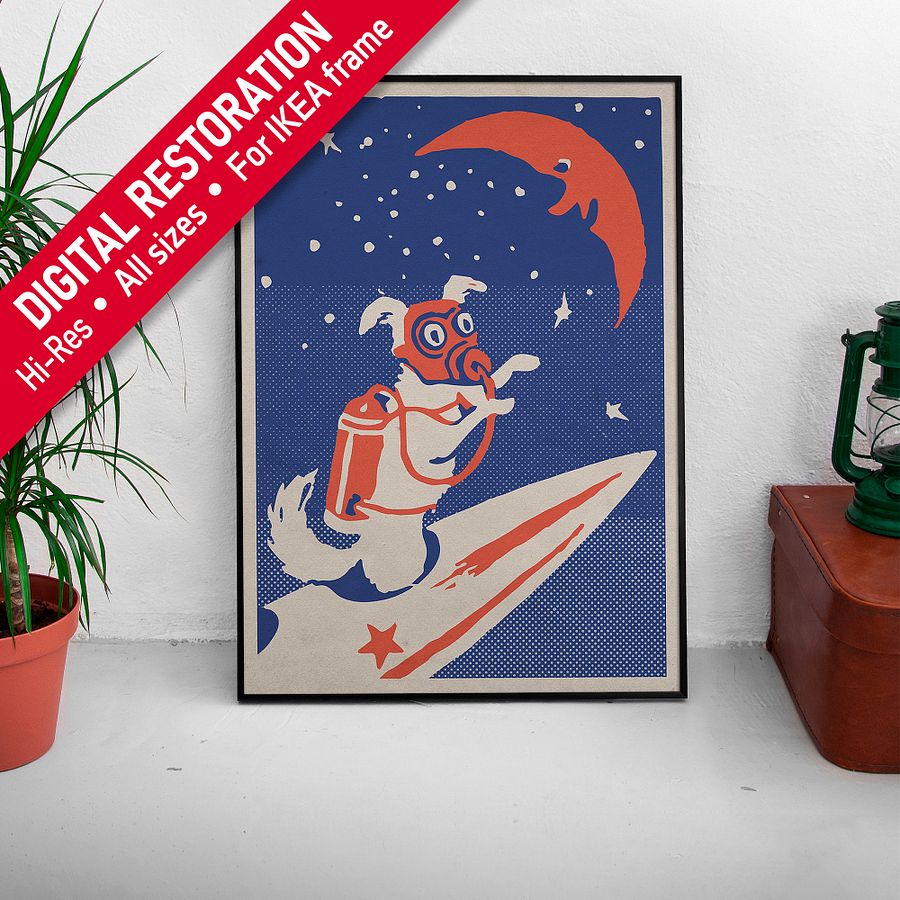 Laika, first space dog, USSR 1950s — Soviet vintage space art poster, soviet retro poster product image (25)