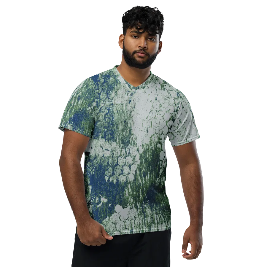 Honeycomb Grunge Unisex T-shirt in Mossy Green and Deep Blue on Bright Sand product image (4)