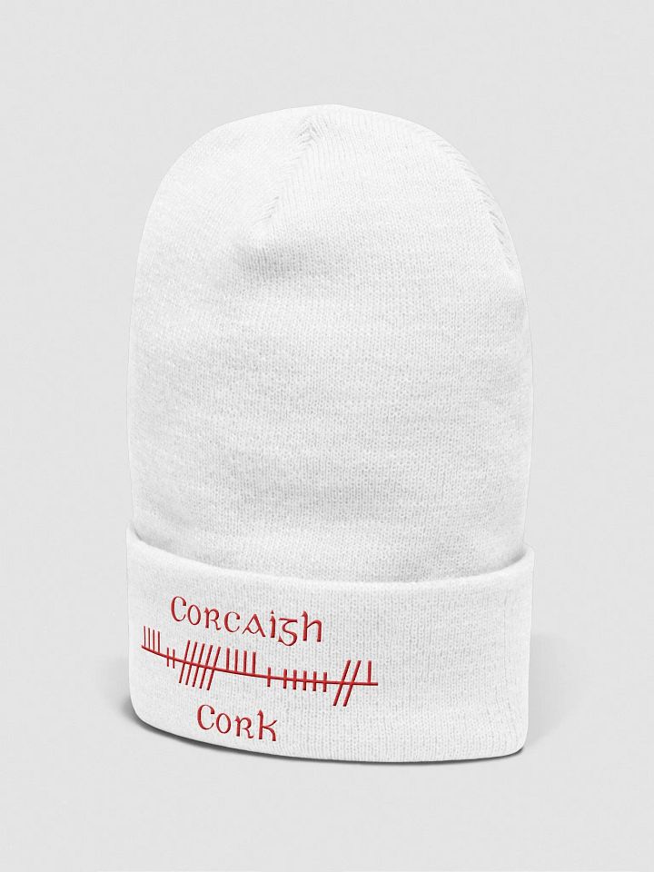 Cork/Corcaigh, Orthodox Style Ogham, white with red, embroidered Cuffed Beanie product image (2)