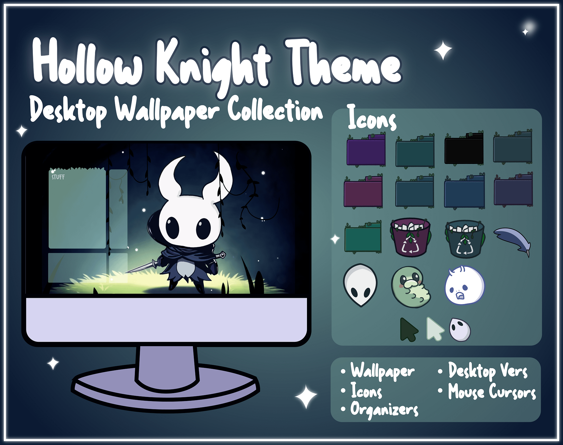 Hollow Knight Computer Desktop Theme Background Wallpaper Organizer Set, Gothic Wallpaper Organizer Set, Pc Desktop Theme, Windows Theme Set product image (1)