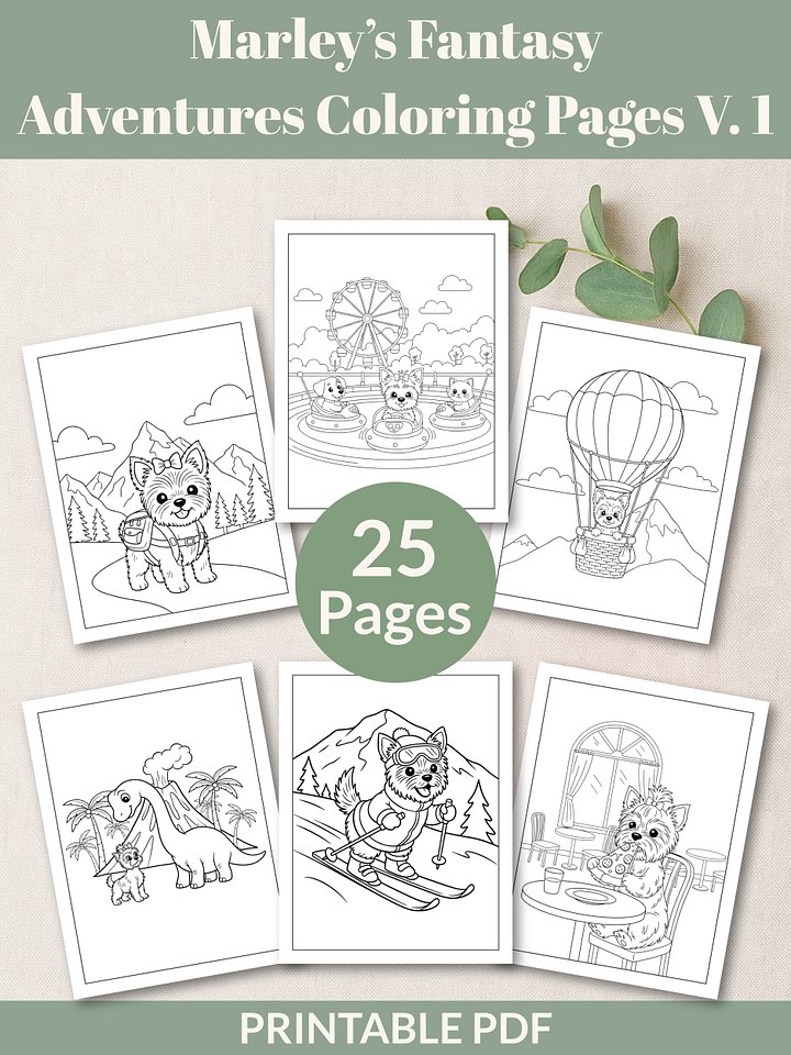 Printable Cute Yorkie Dog Fantasy Adventures Coloring Pages Volume 1 – 25 Fun Designs product image (1)