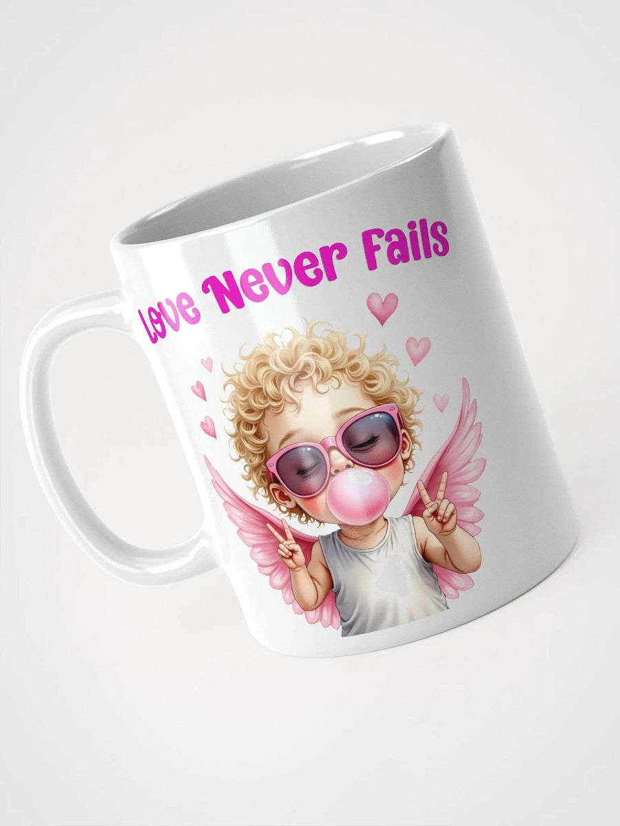 Love Never Fails Valentine Retro Cupid Valentine's Day White Glossy Mug product image (5)