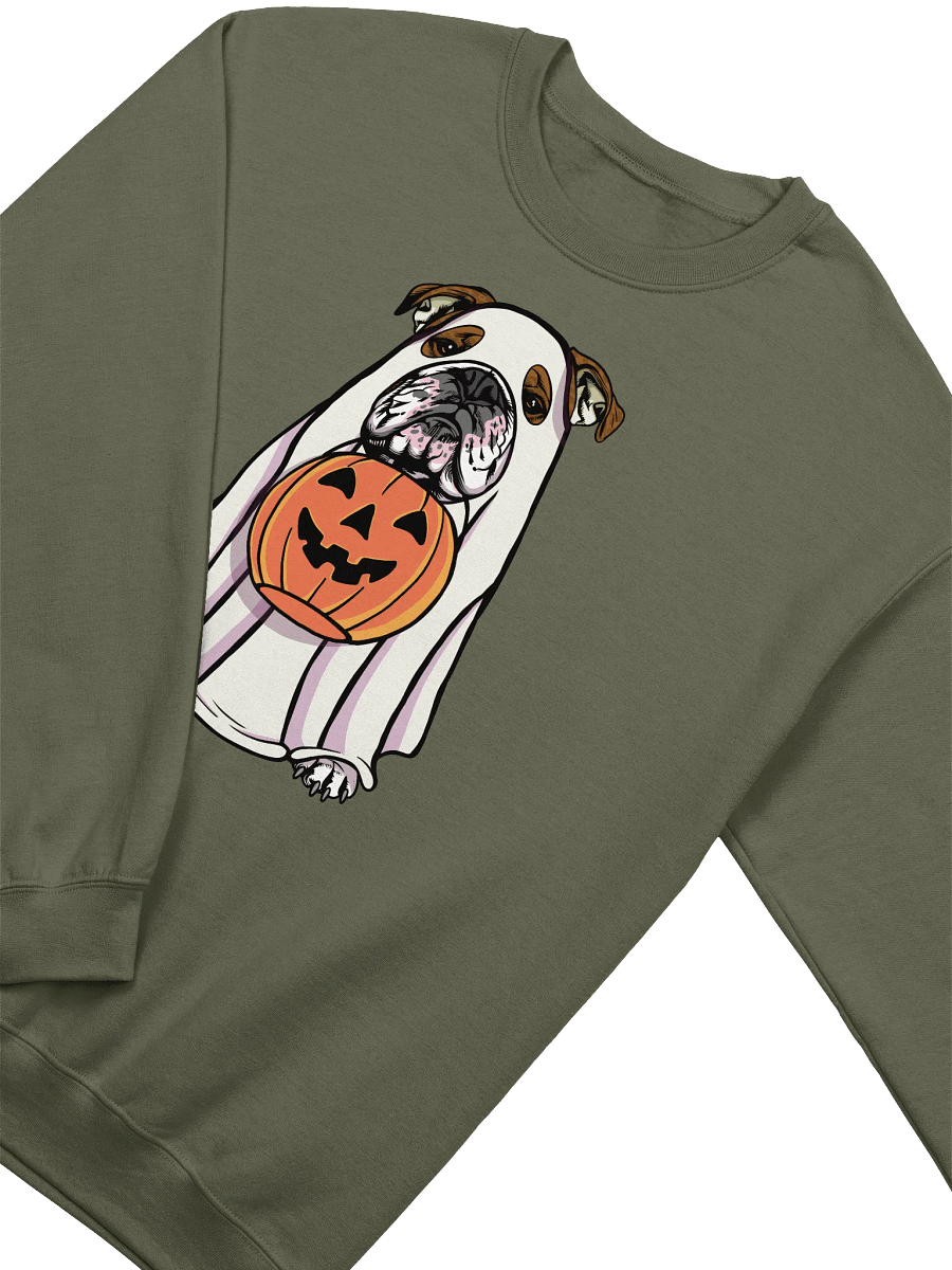 Funny Halloween English Bulldog(Brindle) Sweatshirt | Funny English Bulldog Wearing a Ghost Costume and Holding a Pumpkin Basket product image (18)