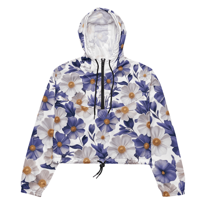 Elegant Blue and White Floral Pattern Women's Cropped Windbreaker product image (2)