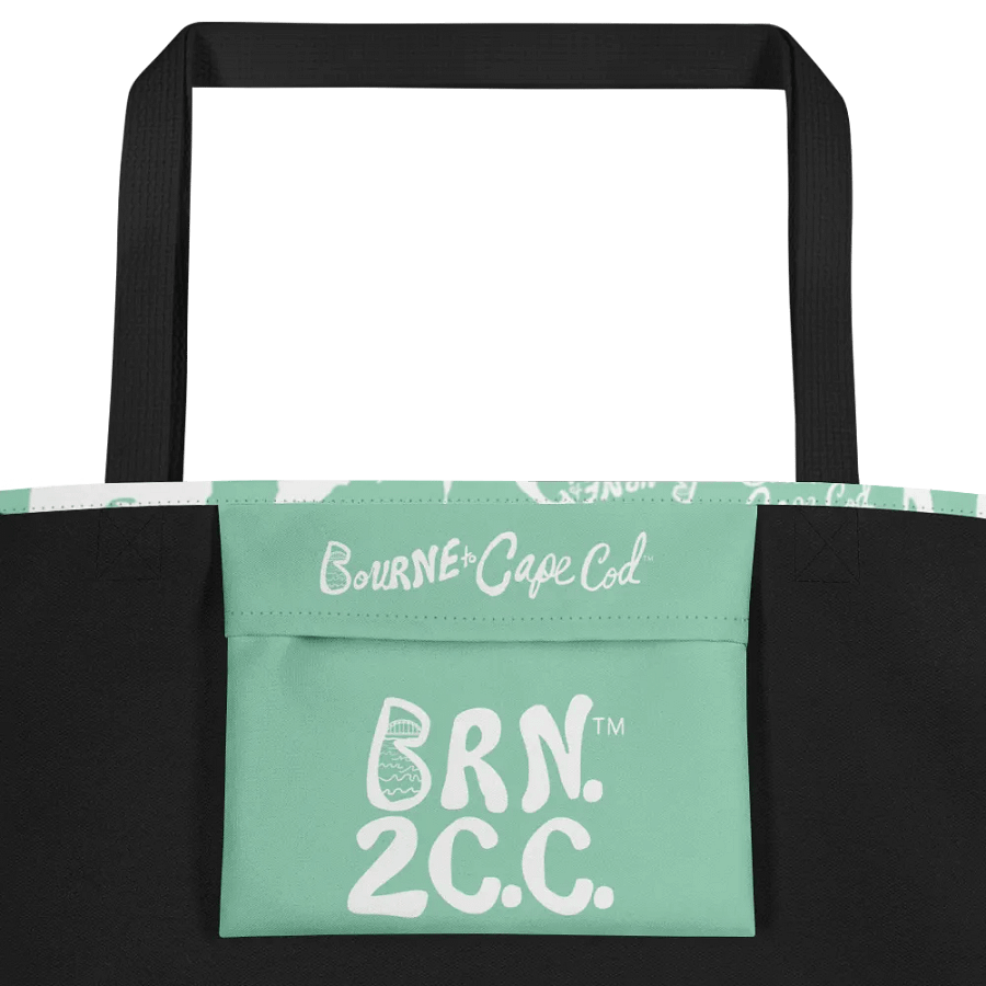 BOURNE to Cape Cod™ | Large Tote Bag with Pocket | Coastal Classic | All-Over Logo Print | White Logo Repeat on Vista Blue Green product image (3)