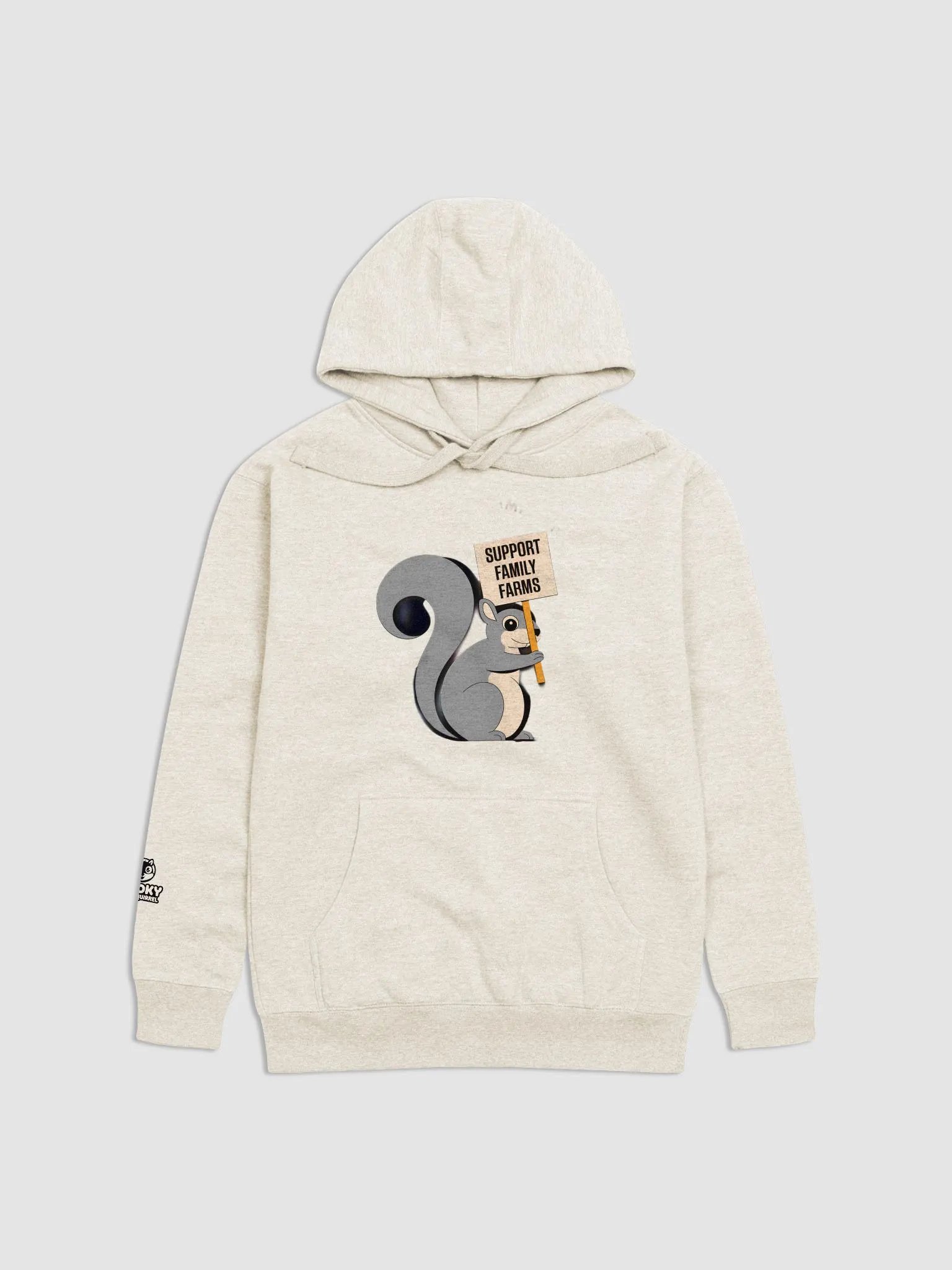 Super Soft Hoodie: Support Family Farms, sign and squirrel, logo on back product image (1)