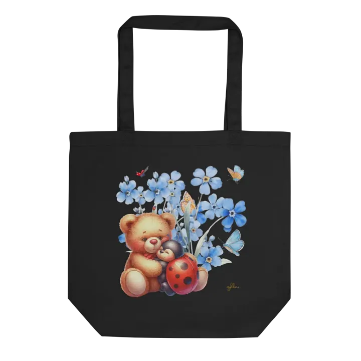 Forget-Me-Not Whispers Teddy Bear Tote Bag – Organic Cotton Twill, Floral Design with Teddy Bear & Ladybug, Eco-Friendly Bag product image (1)