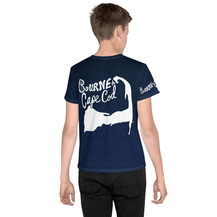 🦈 YOUTH | Boys’ | BOURNE to Cape Cod™ | Logo Tee – All-Over Print | BRN.2C.C.™ | Coastal Explorer Edition 🧭| White Logo on Dark Blue Abstract product image (2)