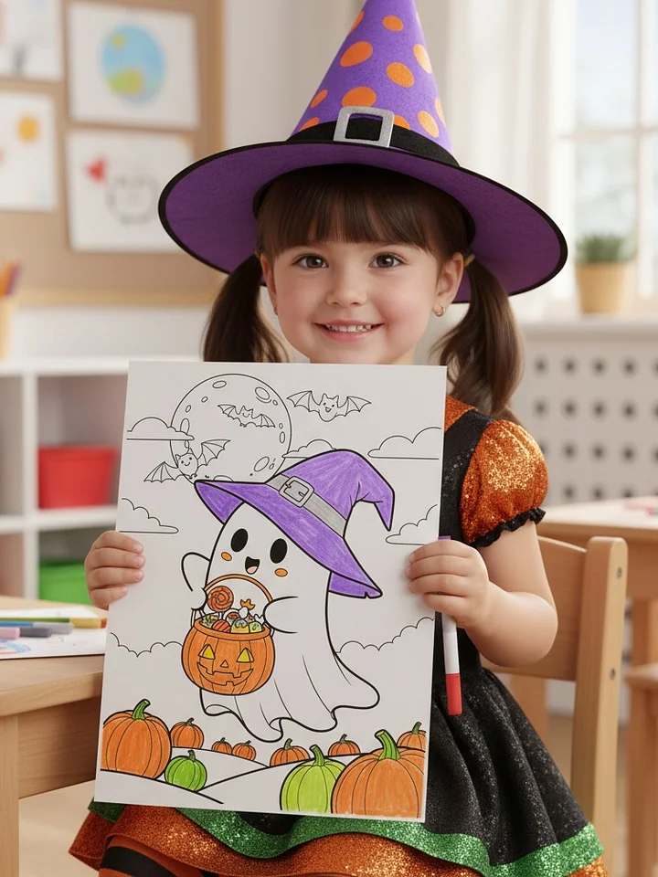 Cute Ghost Halloween Coloring Pages | 5 Printable Spooky Fun Sheets for Kids & Adults | Kawaii Witch Ghost, Pumpkins & Bats | Instant Download PDF product image (2)