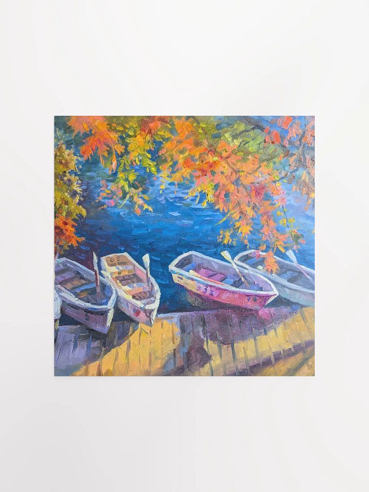 Autumn Maple Leaves and Boats on the Lake-Oil Painting Paper Poster product image (1)