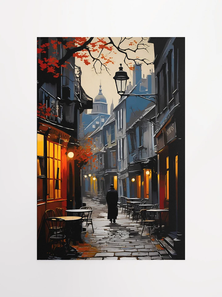 Mans Walks Down Old Cobblestone Street at Dusk in Autumn Fall Leaves Matte Poster product image (2)