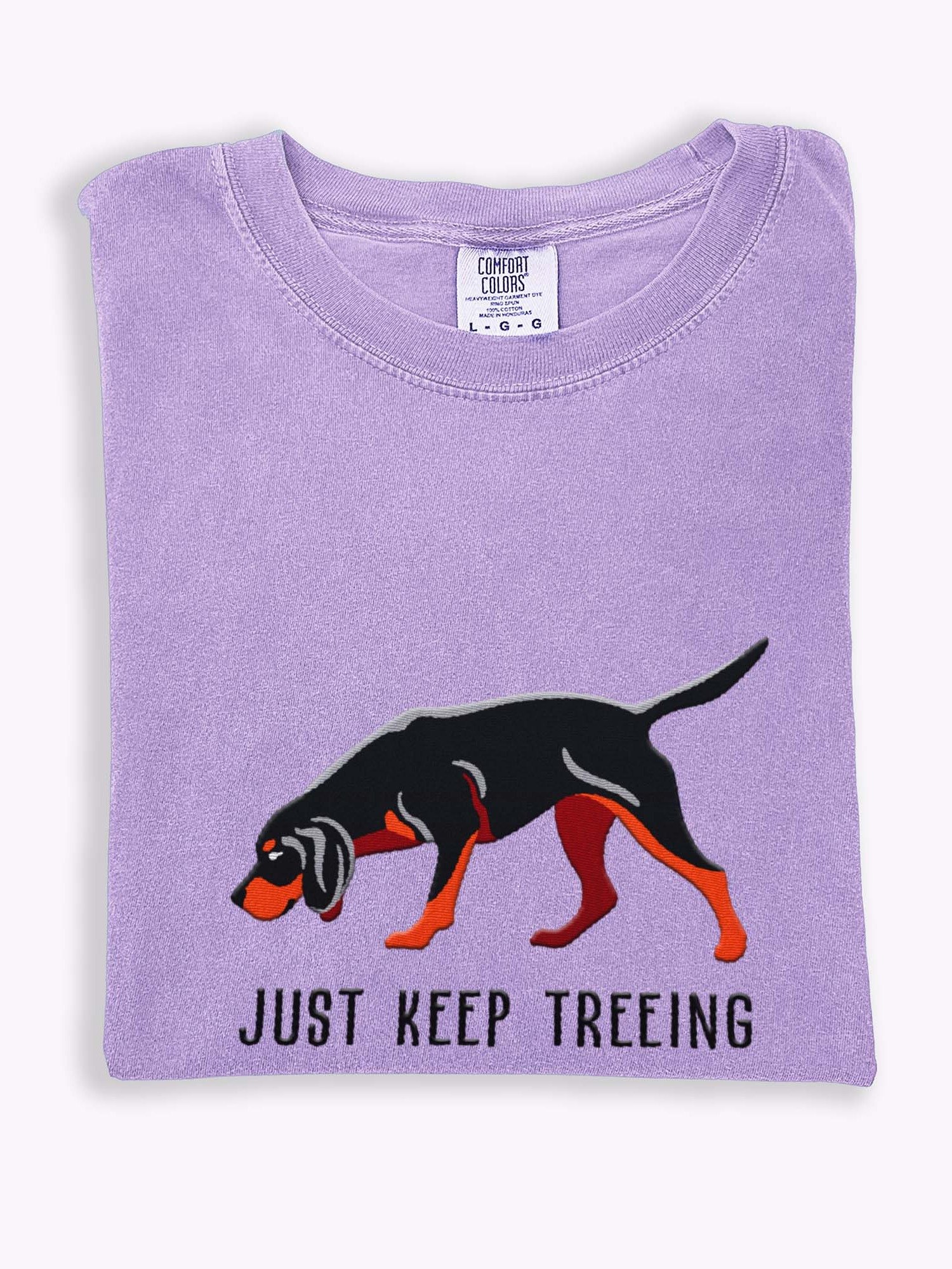 Just Keep Treeing T-Shirt(Embroidered) of a Black & Tan Coonhound product image (1)
