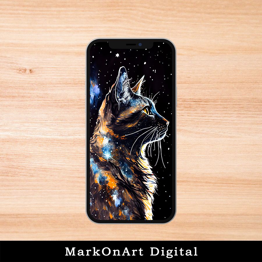 Tortie Cat Starry Night Art For Mobile Phone Wallpaper or Lock Screen | High Res for iPhone or Android Cellphones product image (1)