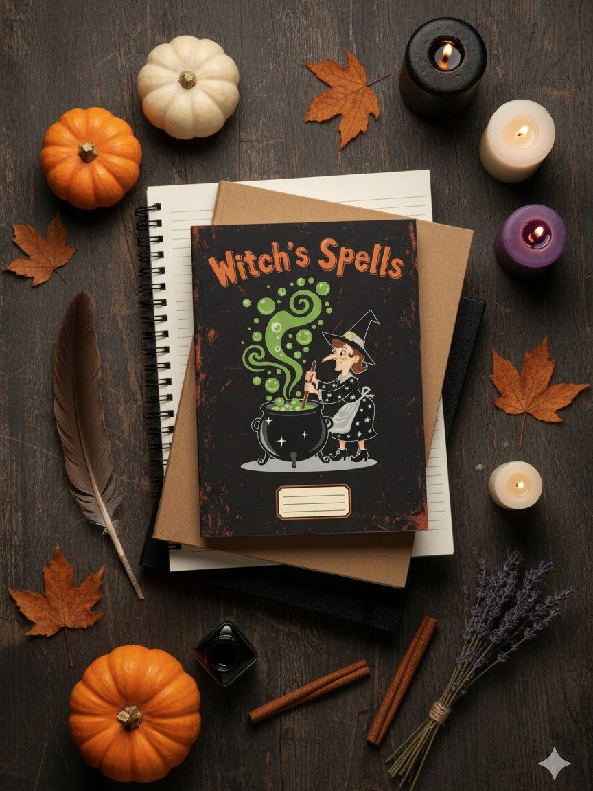 Witch's Spells Notebook Cover, Digital Download, Cute Witch Art, Magic Book PNG, DIY Journal Cover, Halloween Stationery product image (5)