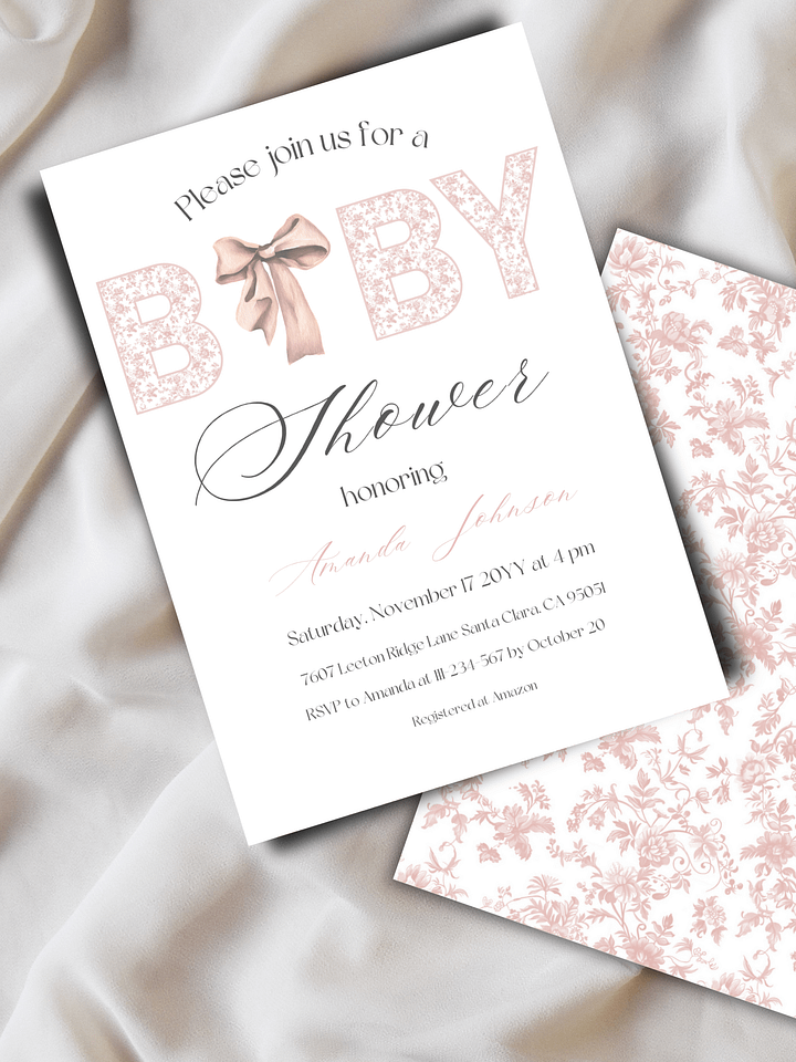 Minimalist Pink Bow Toile de Jouy Baby Shower Invitation, Chinoiserie Floral Themed Girl Baby Shower Invite for Digital Download product image (2)