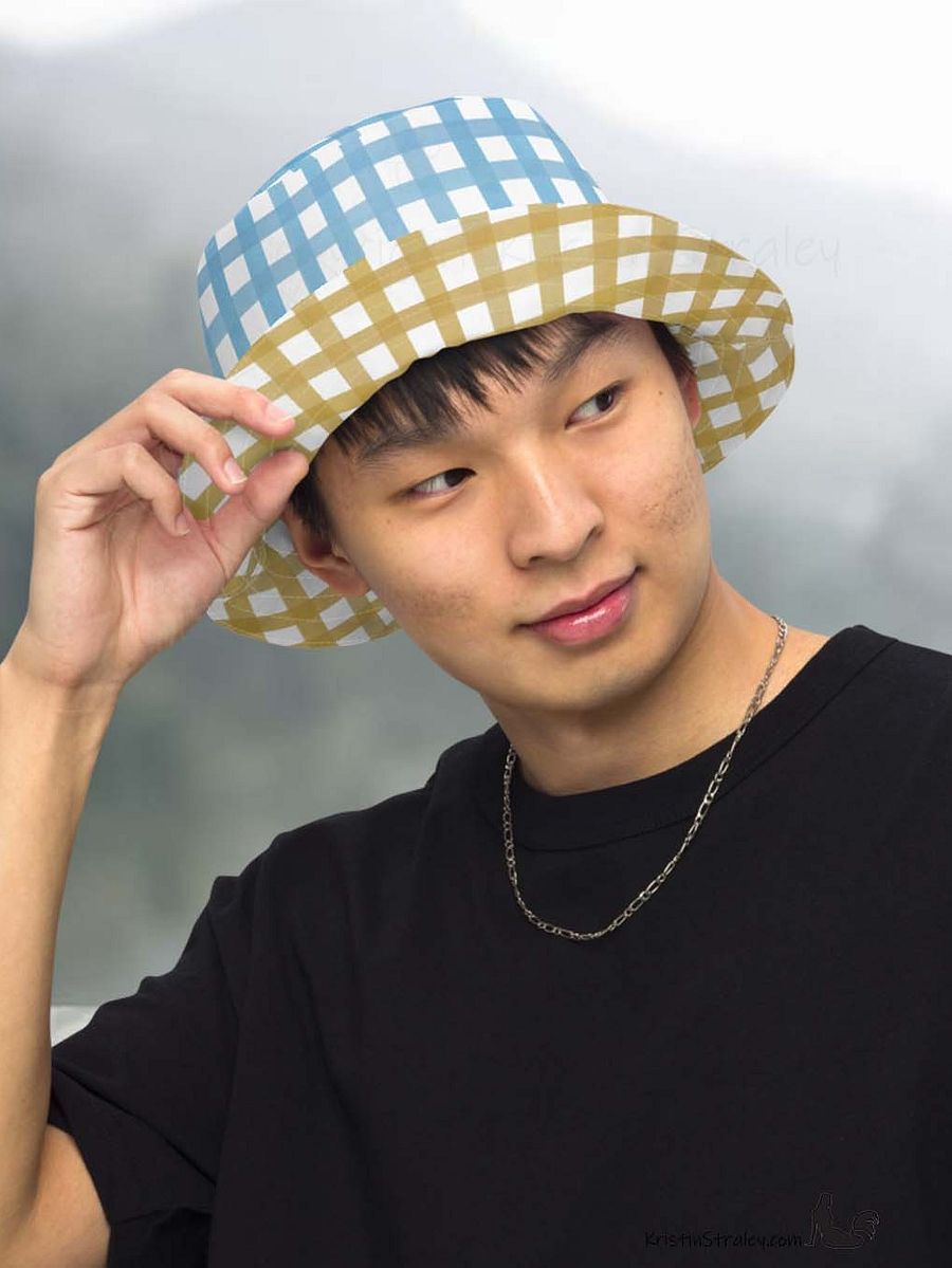 Gingham Reversible Bucket Hat Blue and Mustard Yellow Checker product image (7)