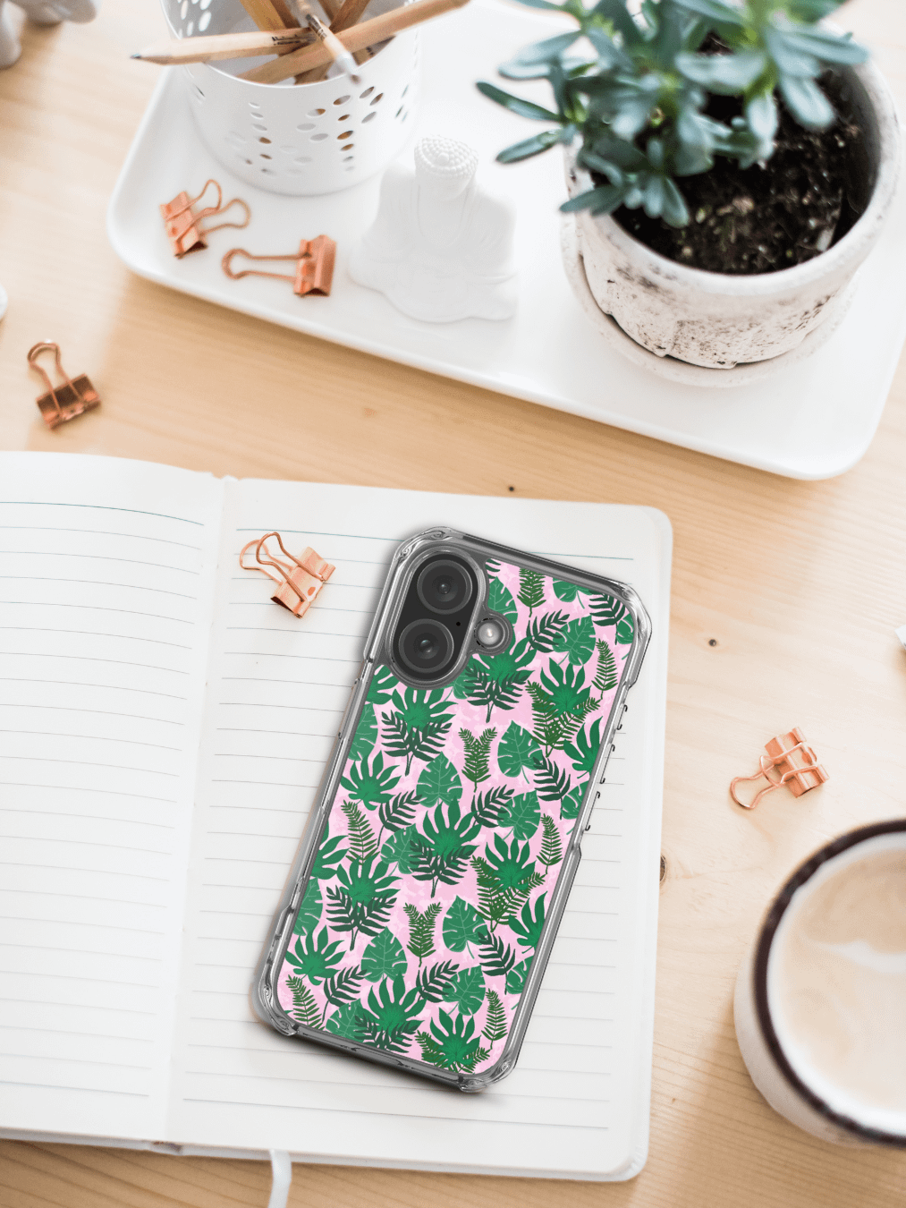 Jungle Leaves Pattern- Pink Background Phone Case product image (1)
