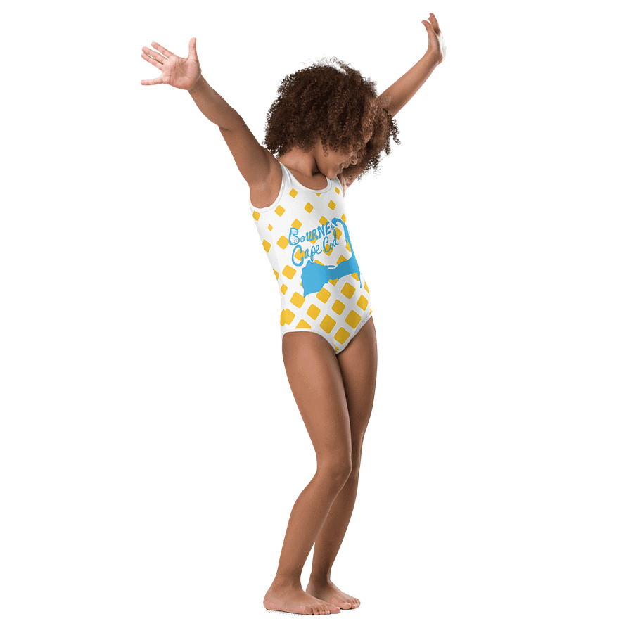 Girls' One-Piece Swimsuit | BOURNE to Cape Cod™ Front Logo | Coastal Kids Swimwear | Blue Logo on Retro Mod Diamond Pattern product image (2)