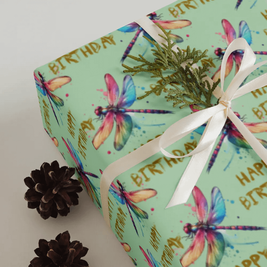 Happy Birthday Dragonflies Gift Wrapping Paper 3 Sheet Set #1 product image (8)