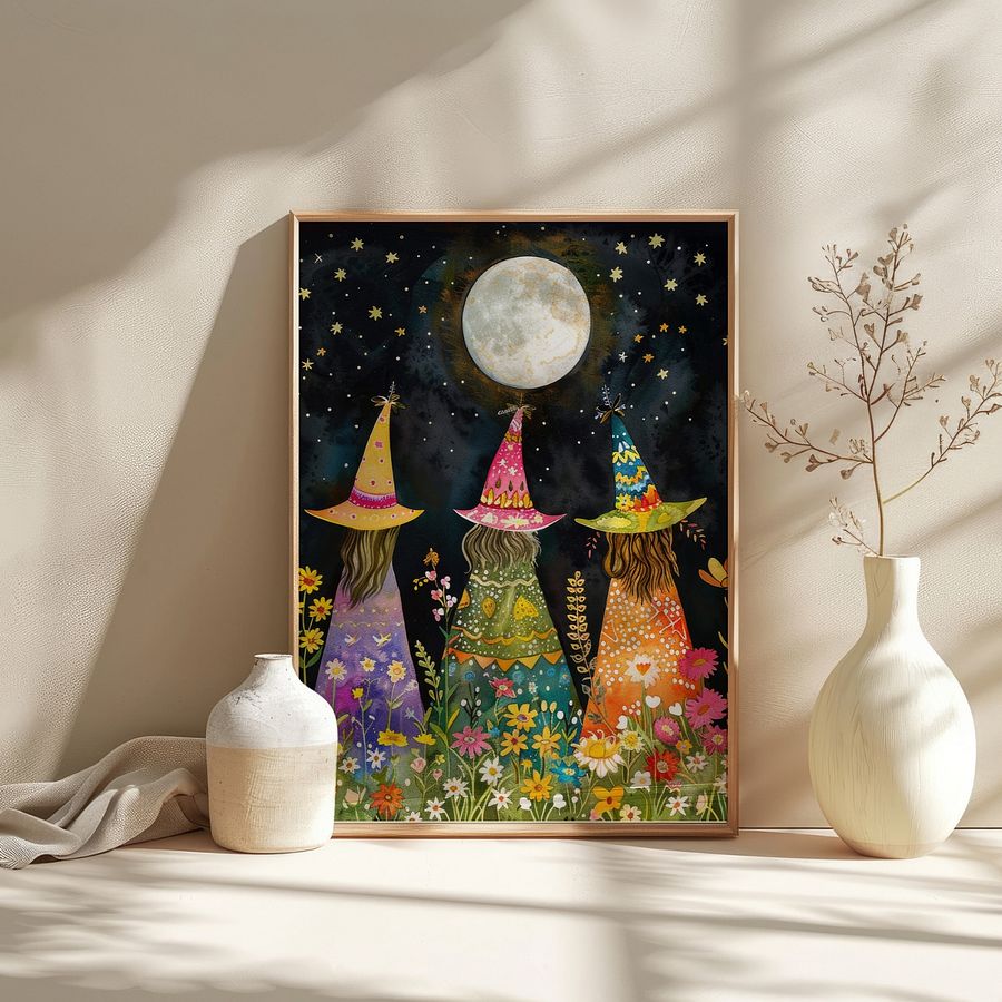Whimsical Witches Under The Fullmoon Colorful Art Print product image (30)
