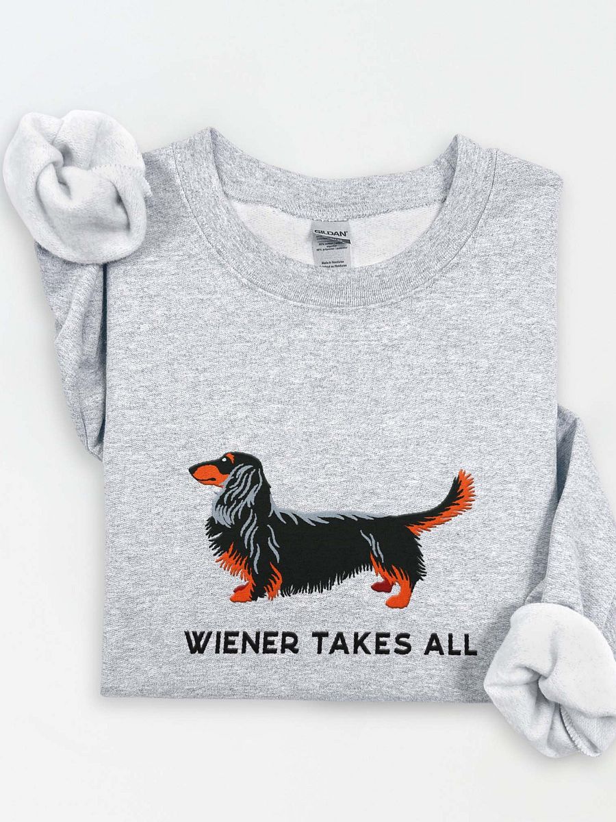 Wiener Takes All Sweatshirt (Embroidered) of a Longhaired Dachshund(Black & Tan) product image (1)