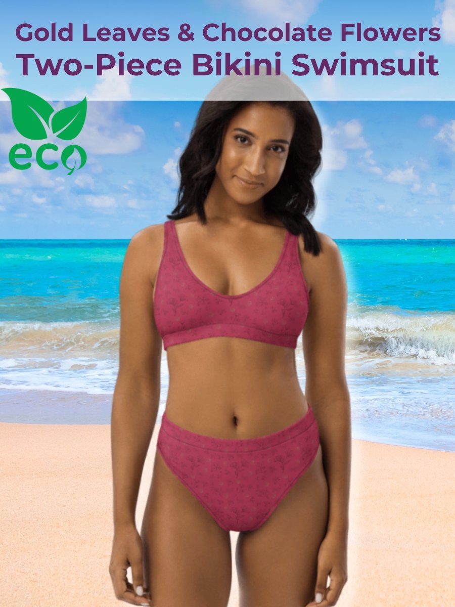 Gold Leaves and Chocolate Flowers on Magenta Eco-Green High Waisted Bikini product image (1)