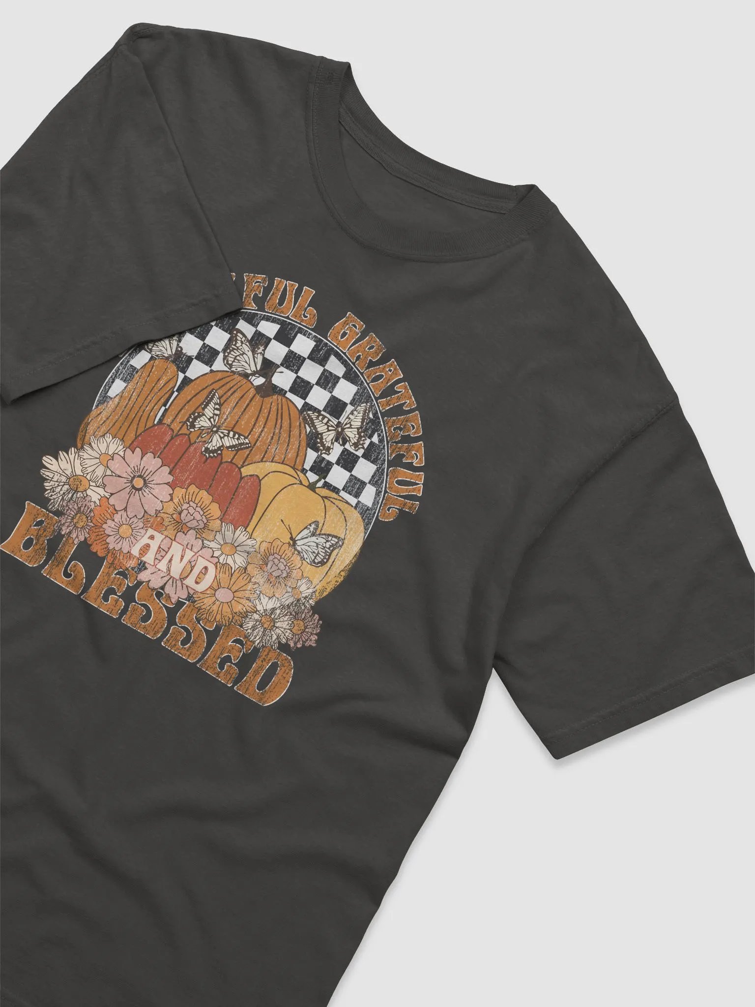 Thankful, Grateful, and Blessed Pumpkins and Flowers T-Shirt | Motivational Fall and Thanksgiving T-Shirt Design product image (25)