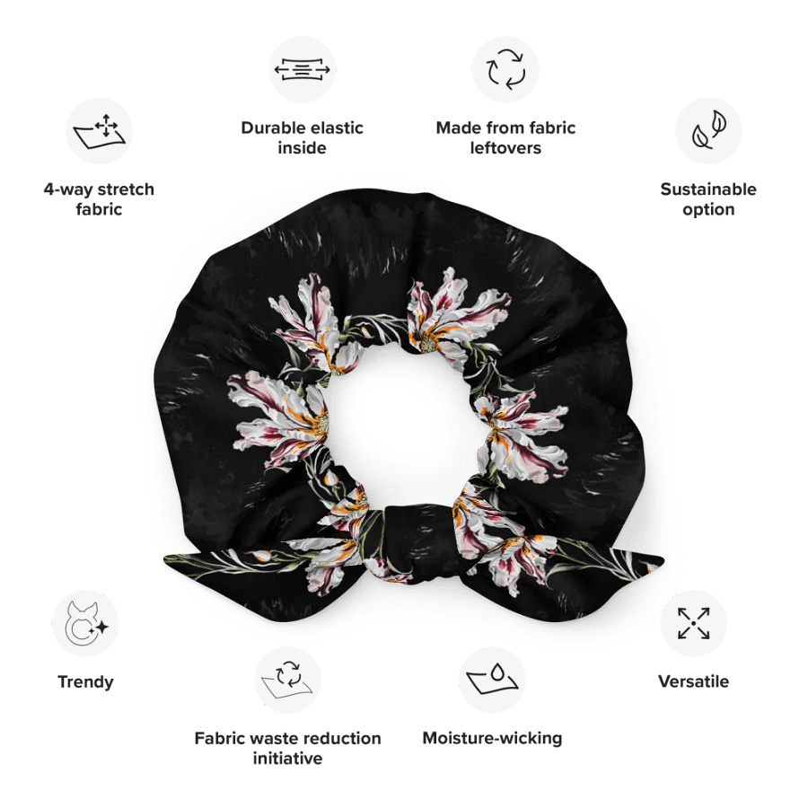 Hair Scrunchie - Painted Pink Flowers on a Black Background product image (12)