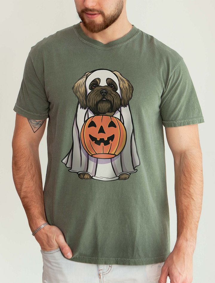 Funny Halloween Shih Tzu(Brown Mask) T-Shirt | Funny Dog Wearing a Ghost Costume and Holding a Pumpkin Basket product image (5)