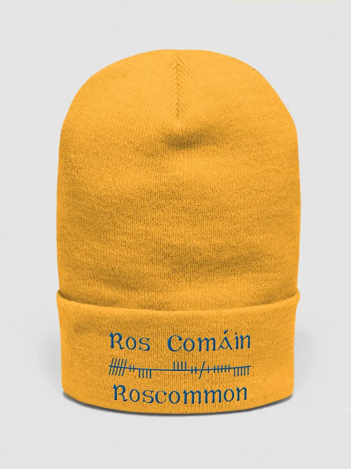 Roscommon/Ros Comáin Orthodox style Ogham, yellow with blue, embroidered Cuffed Beanie product image (1)