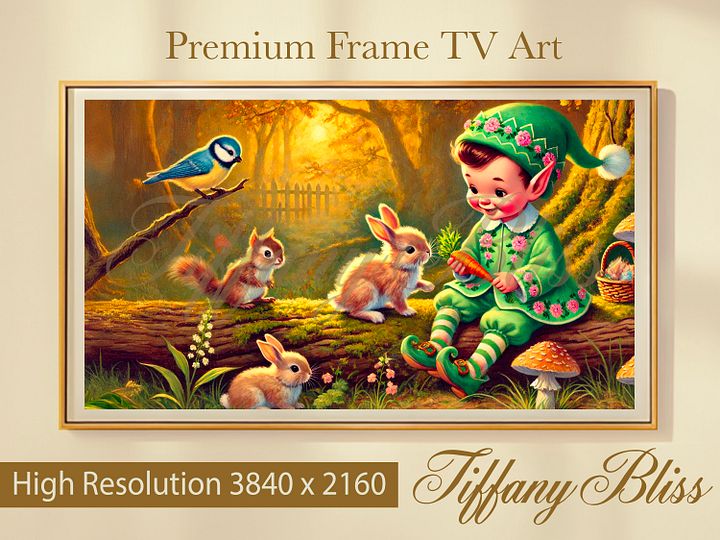 This TV Frame Art piece features a an adorable and cute baby bunny moving a dandelion with it's paw. You can see dandelion seeds blowing in the wind. Make a wish. product image (1)
