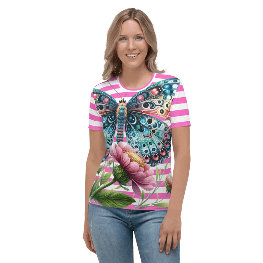 Whimsical Eyes Butterfly Women's Pink Stripped T-Shirt product image (1)
