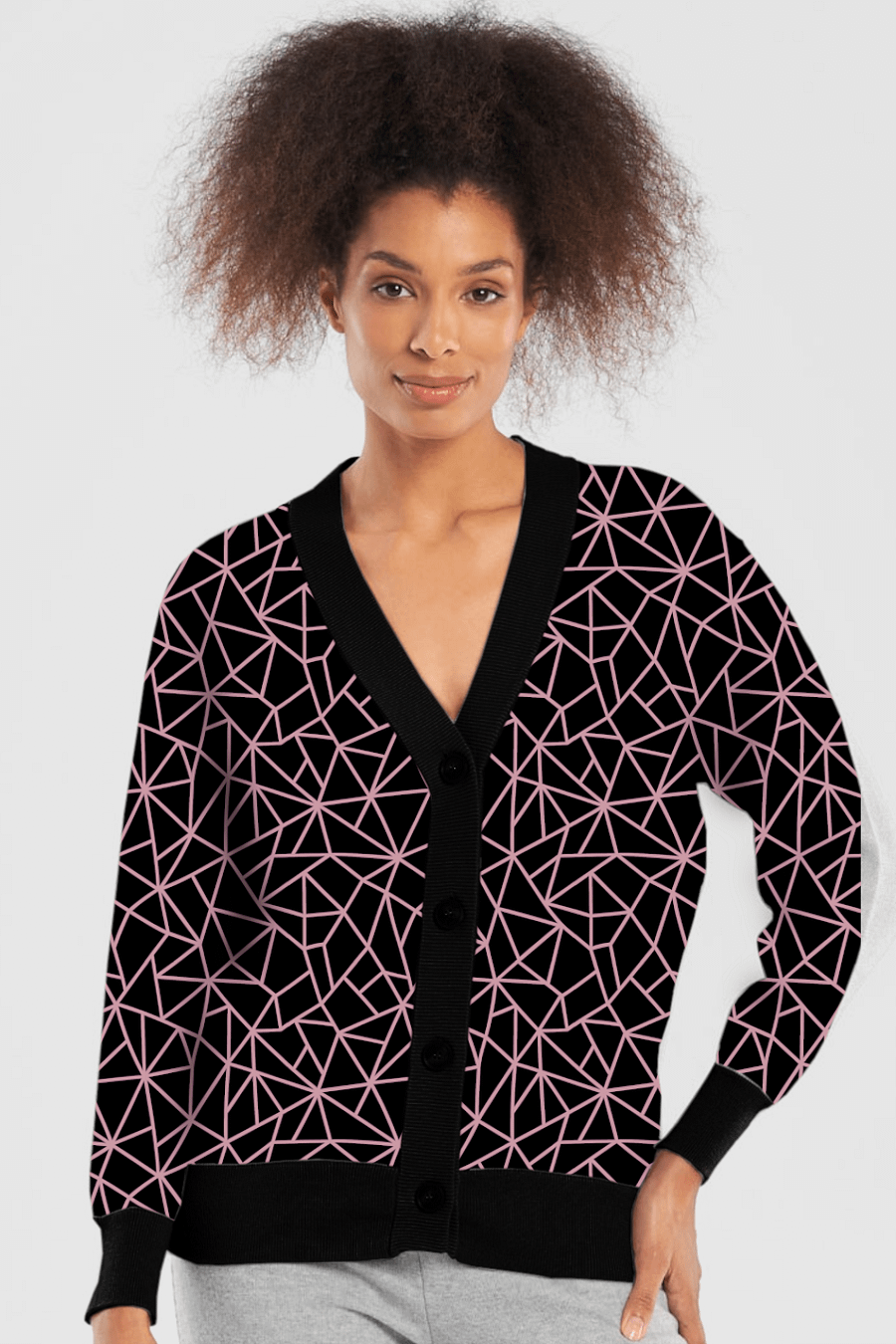 Pink Black Geometric Pattern Cardigan Sweater product image (10)