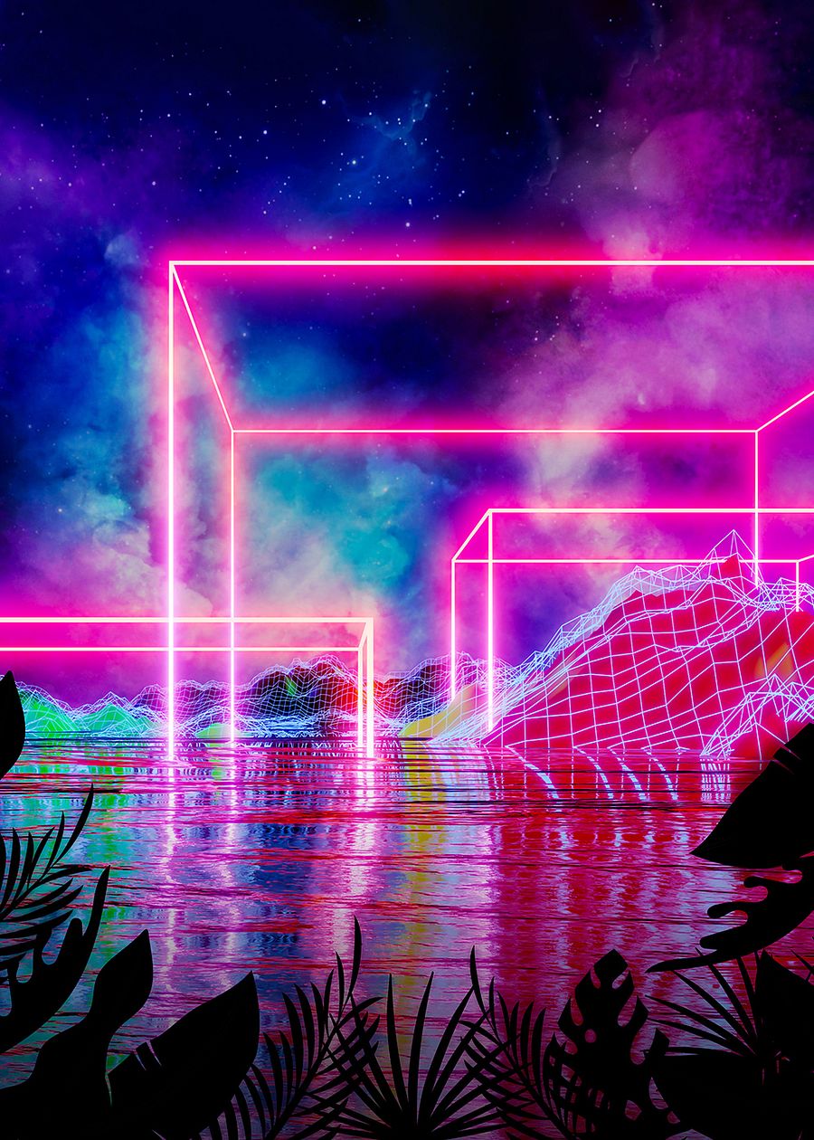 Neon palms landscape: Cube [synthwave/vaporwave/cyberpunk] — Aesthetic retrowave poster product image (3)