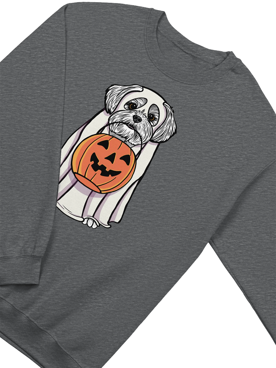 Funny Halloween Maltese Sweatshirt | Funny Maltese Wearing a Ghost Costume and Holding a Pumpkin Basket product image (8)