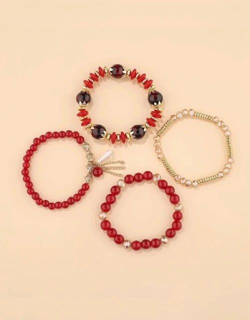 4 PC DECOR RED AND GOLD TASSEL CHARM BEADED BRACELET product image (3)