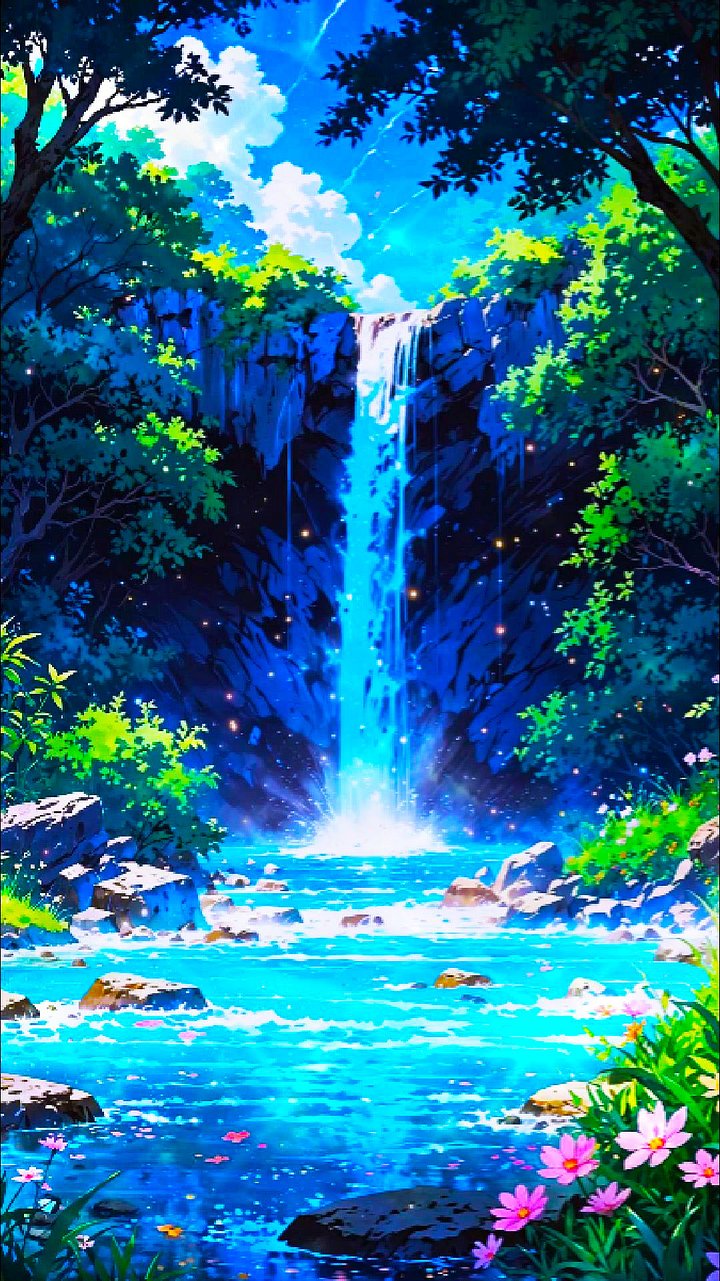 A serene anime waterfall cascading down moss-covered rocks, surrounded by lush, vibrant pink flowers under a soft blue sky. product image (1)