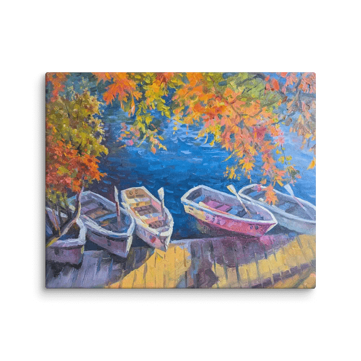 Autumn Maple Leaves and Boats on the Lake-Oil Painting Canvas Print product image (1)