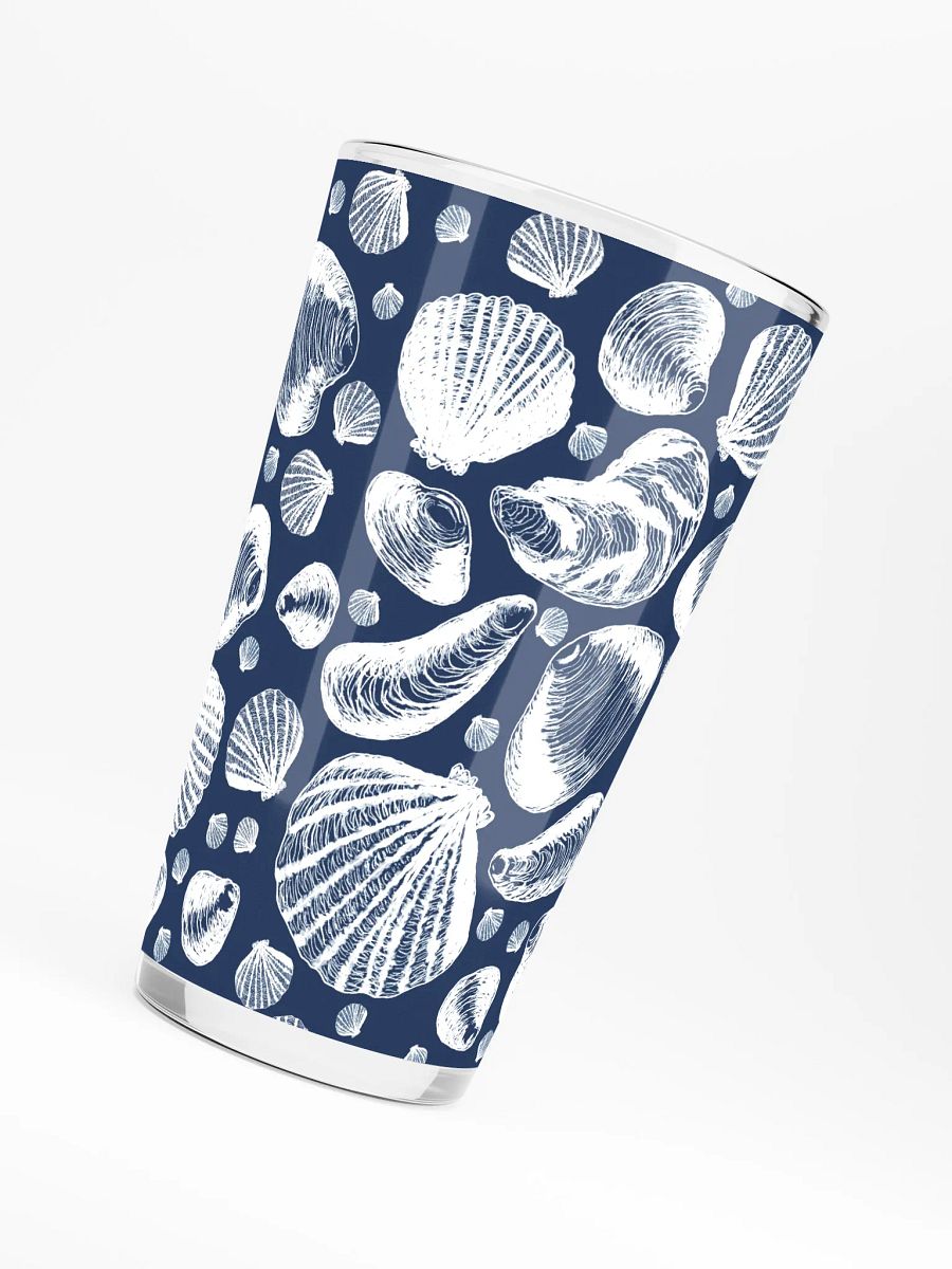 New England Tidal Treasures | | White on Dark Blue | Coastal Shell Repeat | Shaker Pint Glass by Monique Faella Designs™ Shell Yeah, It’s Sip Time 🐚🍺🌊 product image (6)