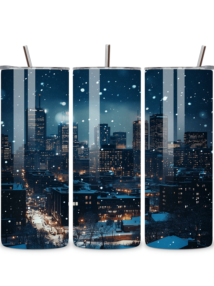 Winter City Skyline 20oz Skinny Tumbler with Metal Straw – Elegant Snowfall and Urban Design – Double-Walled Insulated Stainless Steel Tumbler, Great for City and Winter Lovers product image (1)