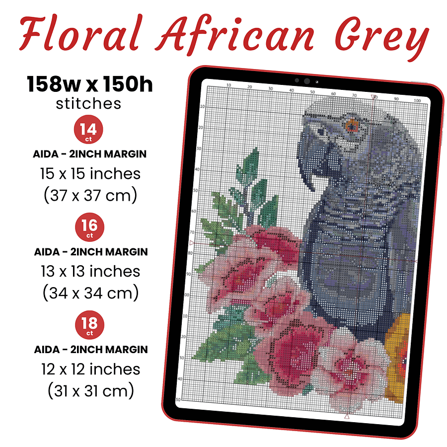 Floral African Grey Parrot Cross Stitch Pattern product image (2)