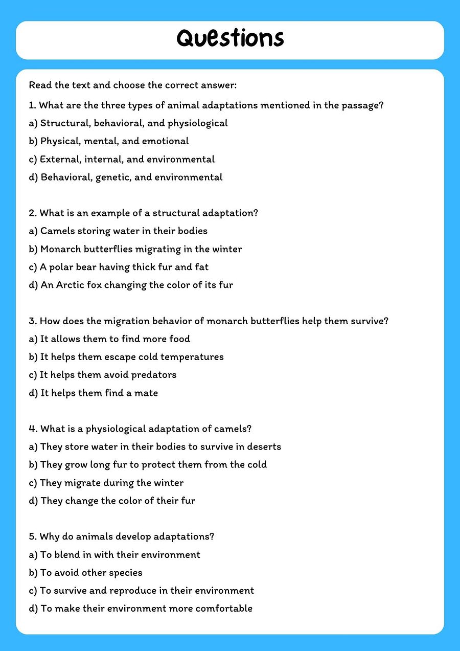 Animal Adaptation Reading Passage with Comprehension Questions product image (2)