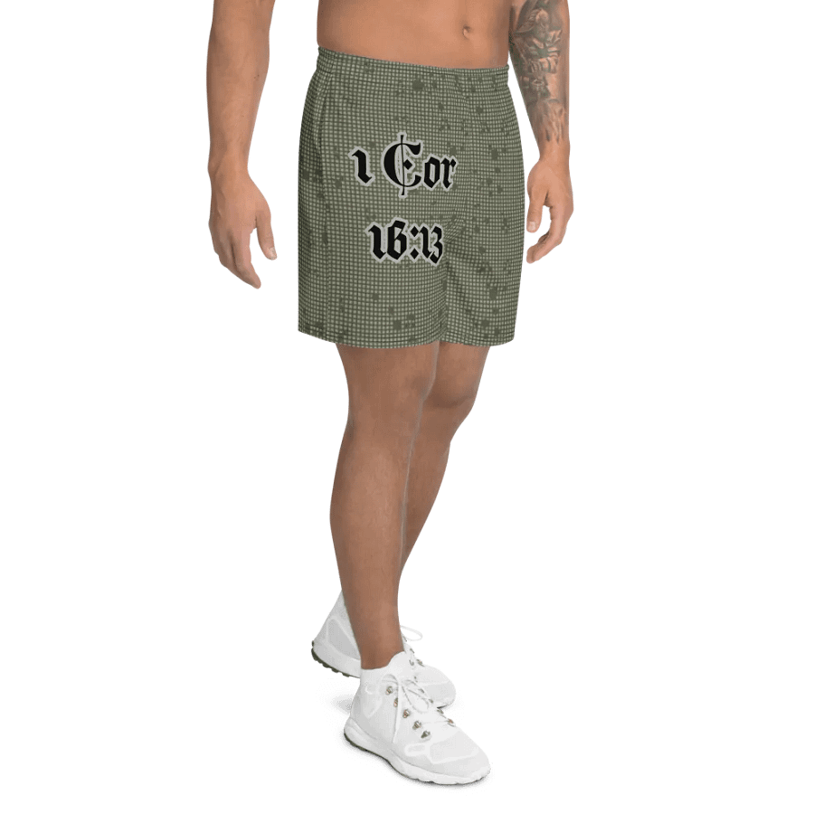 Faithful Camo: 1 Corinthians 16:13 Unisex Athletics Shorts - Desert Night Camo product image (8)