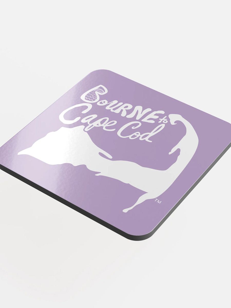 BOURNE to Cape Cod™ | Coastal Coaster | Glossed Cork | Eco-Friendly | Minimalist Coastal Decor | 3.74" Square | White Logo on East Side Lavender product image (4)