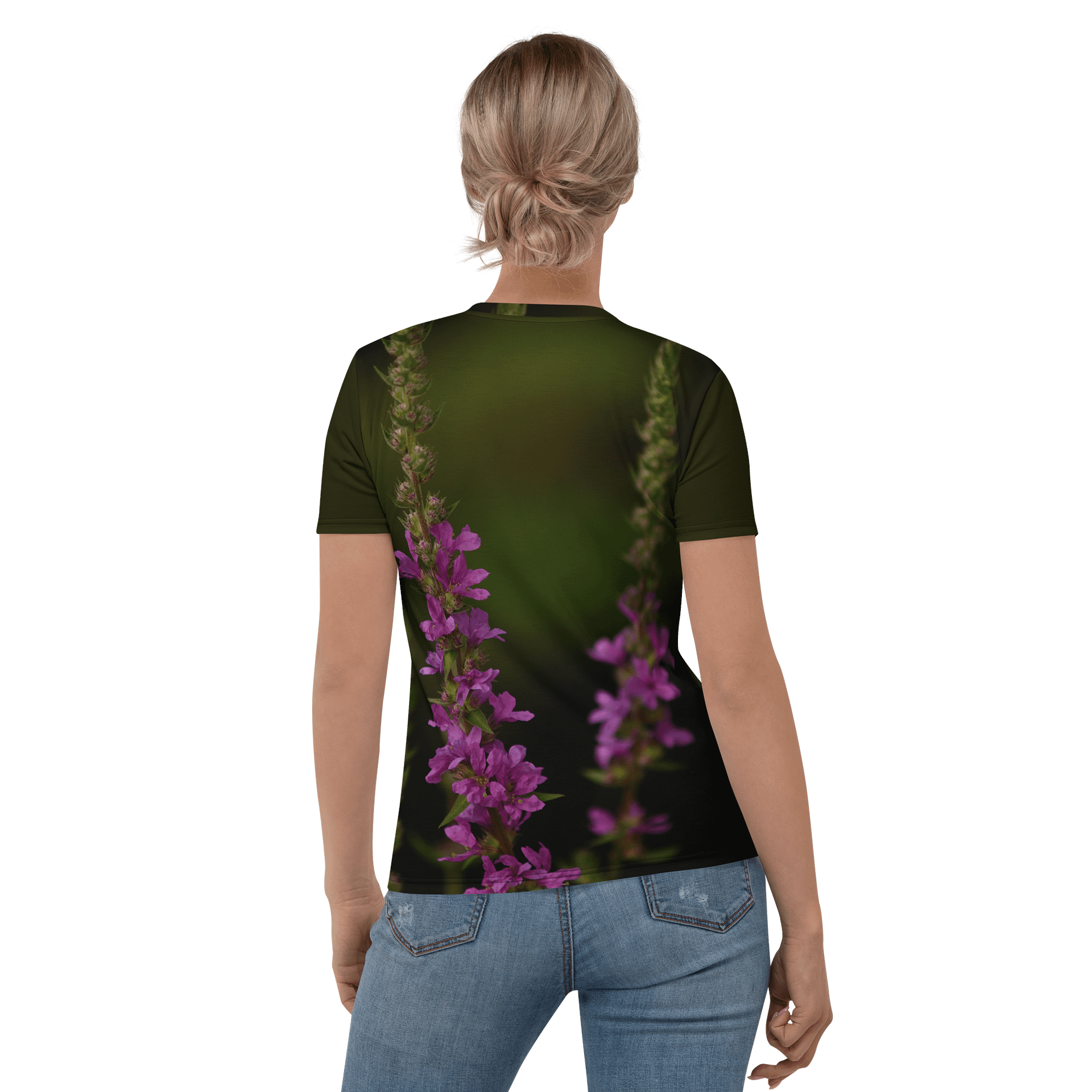 Damen T-Shirt mit Rundhalsausschnitt - Lila Blüten mit dunklem Hintergrund product image (1)