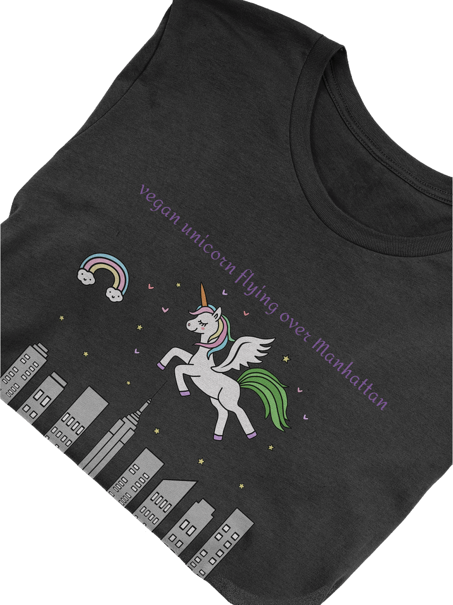 “Vegan Unicorn Flying Over Manhattan” Unisex Black T-Shirt product image (3)