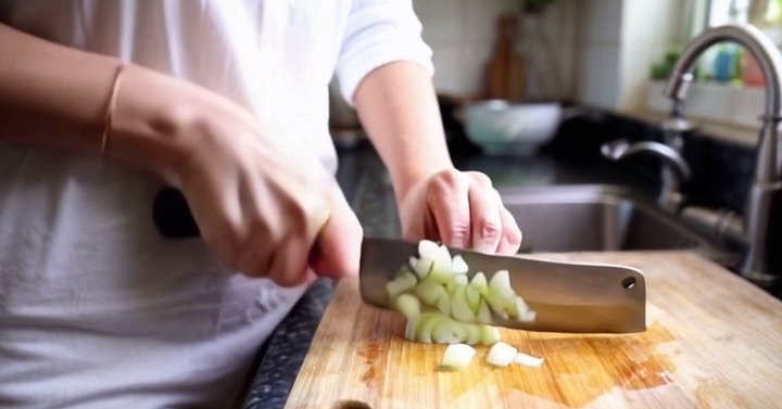 A Person Chopping Onions on a Wooden cutting Board Video 4K Generative AI for Personal and Commercial Use product image (1)