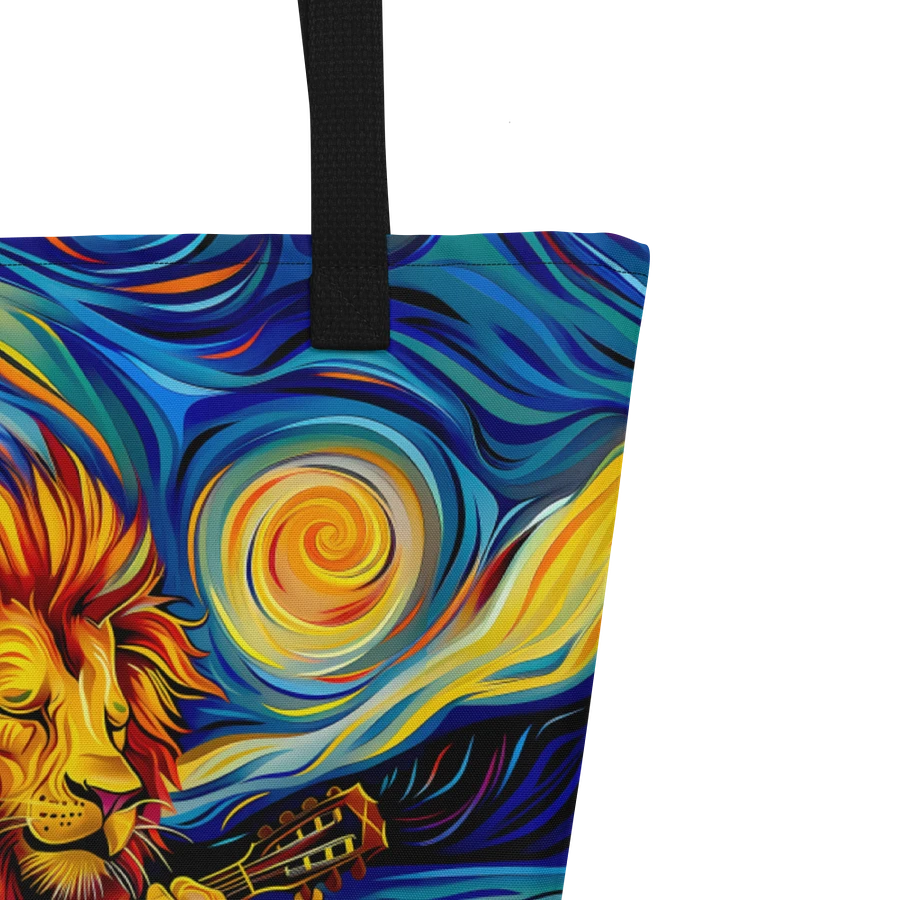 Tote Bag: Trippy Lion Playing Guitar Van Gogh Starry Night Art Style Design product image (5)